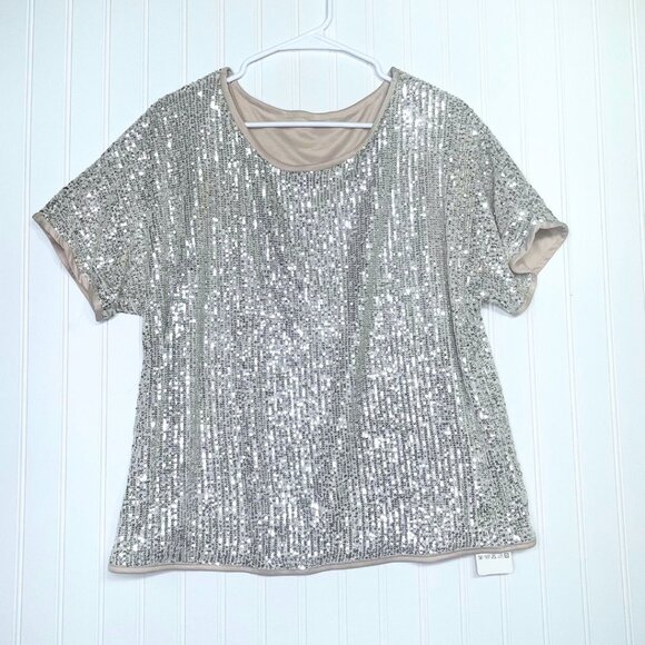 Sequin Tops Sparkly Glitter Blouse Sequined Short Sleeve Shirt Size L NWT - Picture 5 of 15